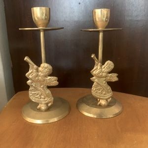 Candle holders , brass , Angels playing trumpets one set